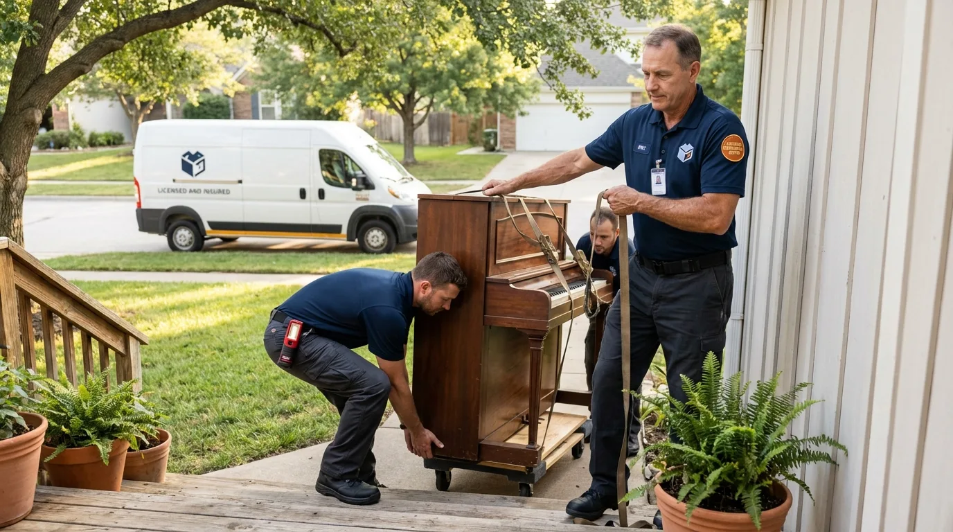 Licensed piano movers securing grand piano in Fullerton, NE