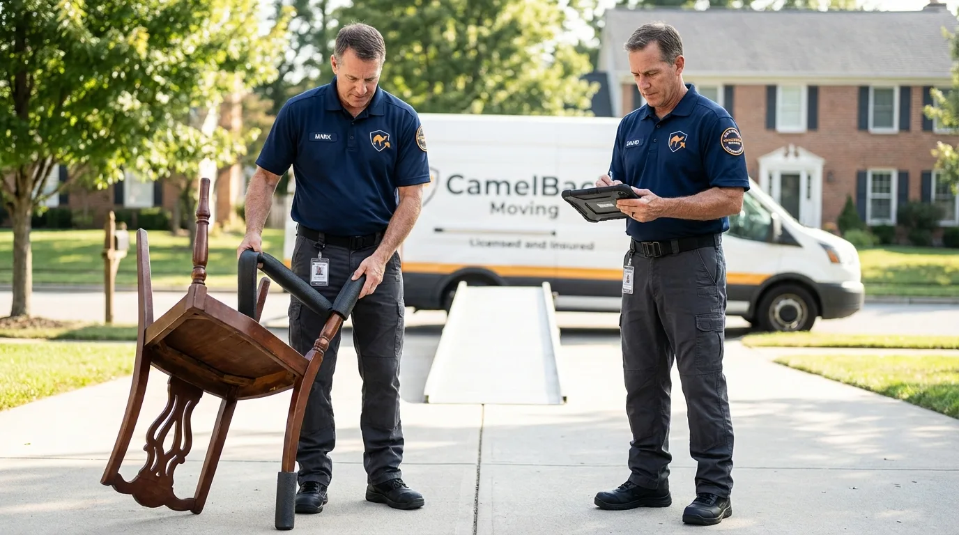 Movers inspecting furniture for damage prevention before loading in Fullerton, NE