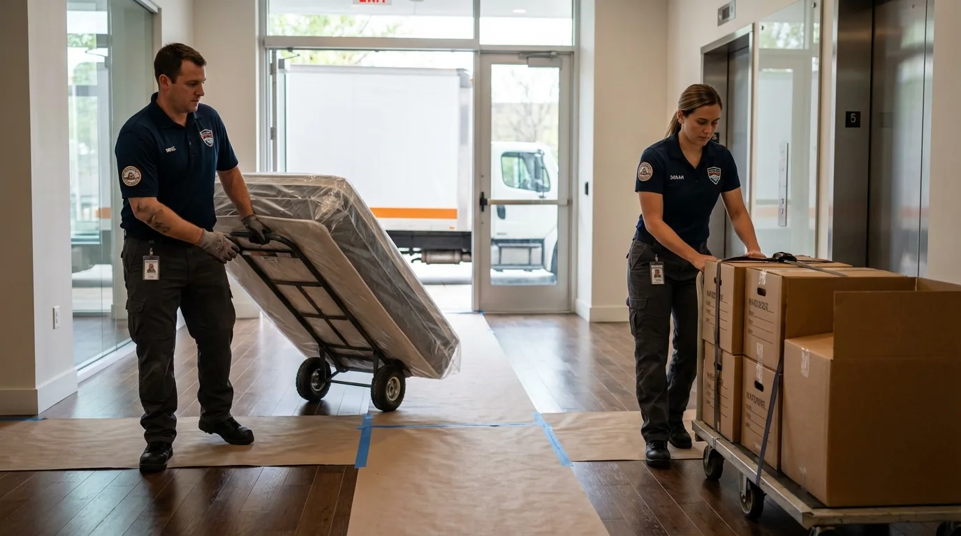 Professional apartment movers loading elevator in Fullerton, NE