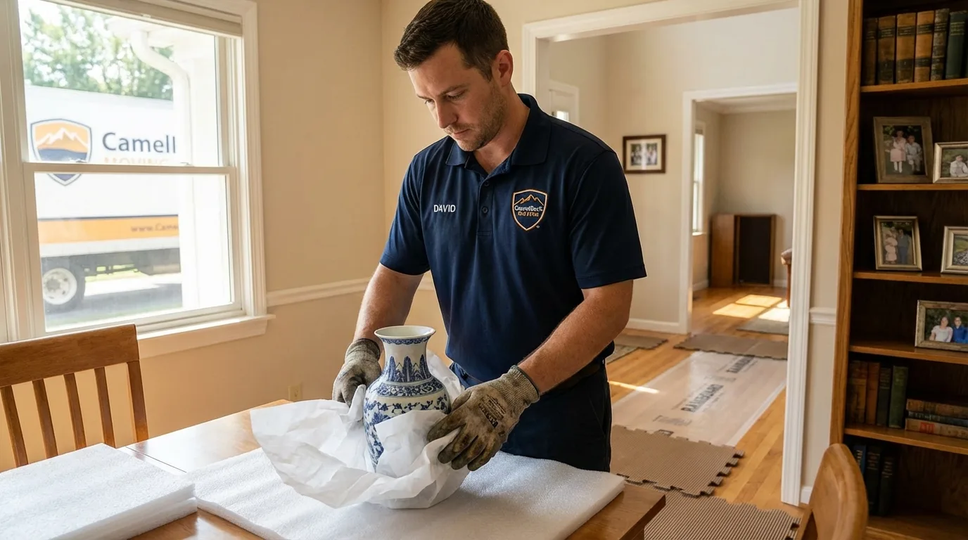 Professional crew carefully wrapping antique vase for senior downsizing move in Fullerton, NE
